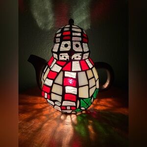 Vintage Tiffany Style Stained Glass Snowman Tea Pot Table Lamp Night Light